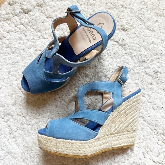 Kanna: Sky Blue Suede Espadrille Ankle Buckle Wedges NWOT Size 39 - Picture 1 of 13